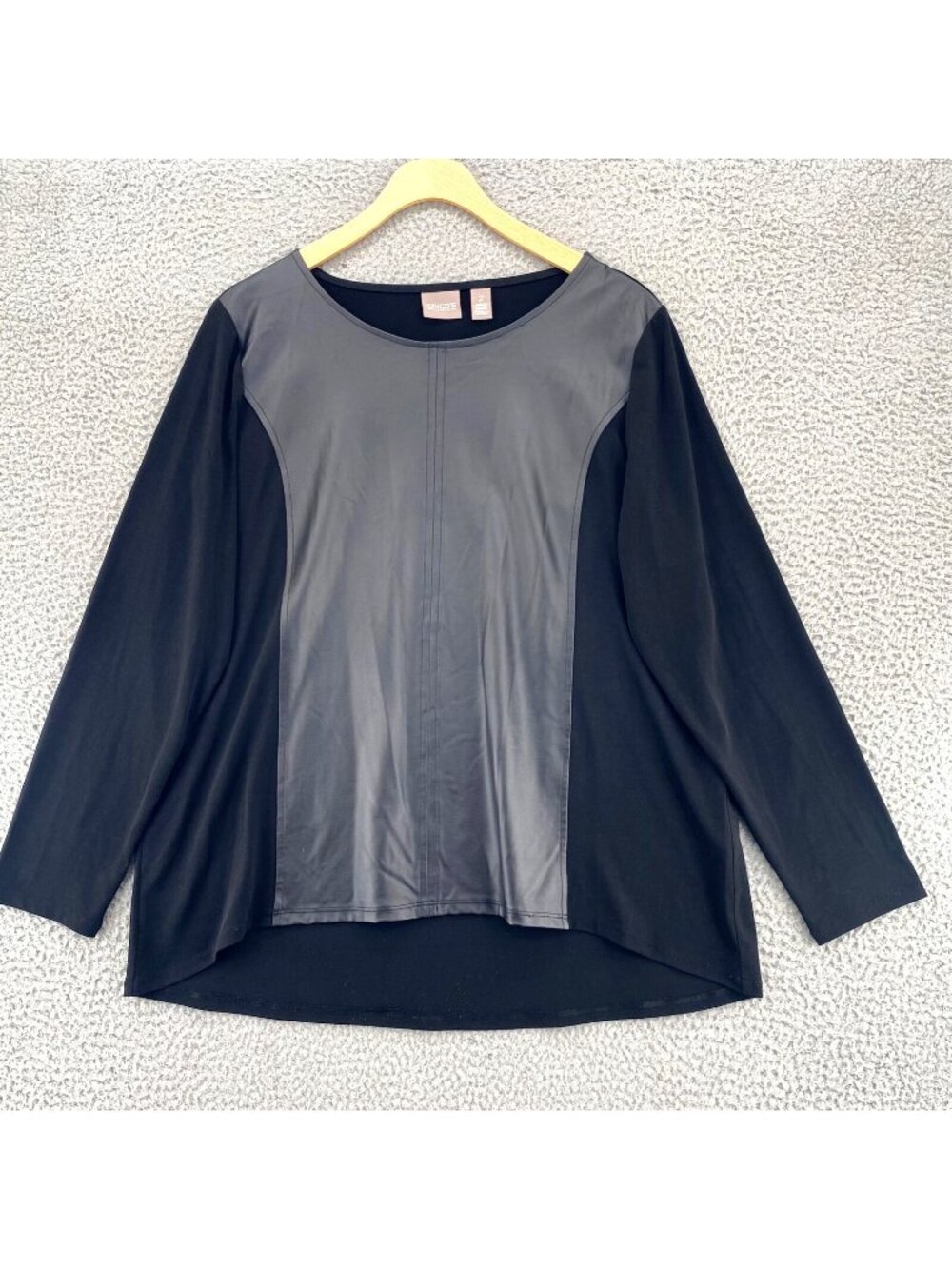 Chicos Top Womens 2 US Large Black PU Panel Long Sleeves Round Neck Stretch Knit